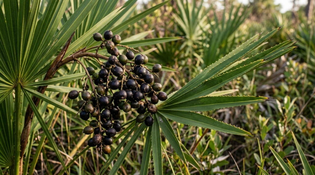 Détails de serrenoa repens en gros plan Berries et feuilles de serrenoa