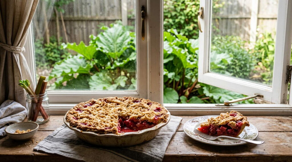 Tarte à la rhubarbe sur le rebord de la fenêtre Tarte à la rhubarbe en cuisine