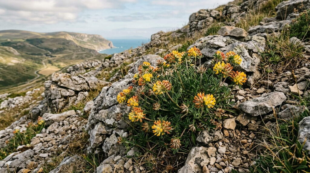 Anthyllis vulnéraria sur pente rocheuse Anthyllis vulnéraria en milieu naturel