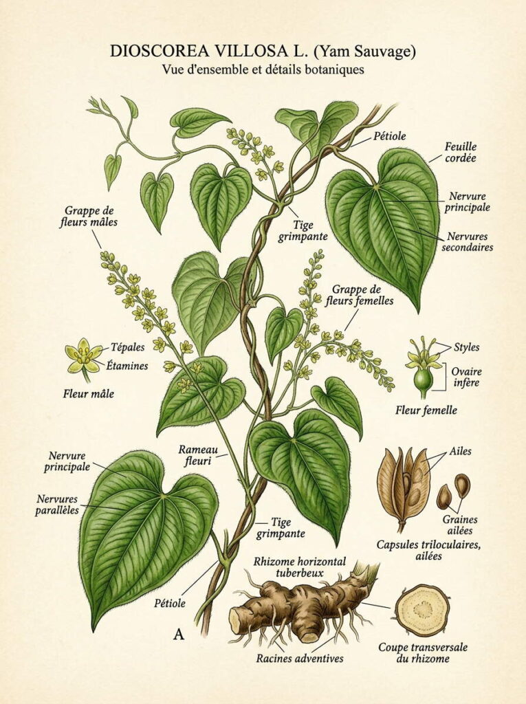 Illustration botanique du Dioscorea villosa Illustration Dioscorea avec étiquettes