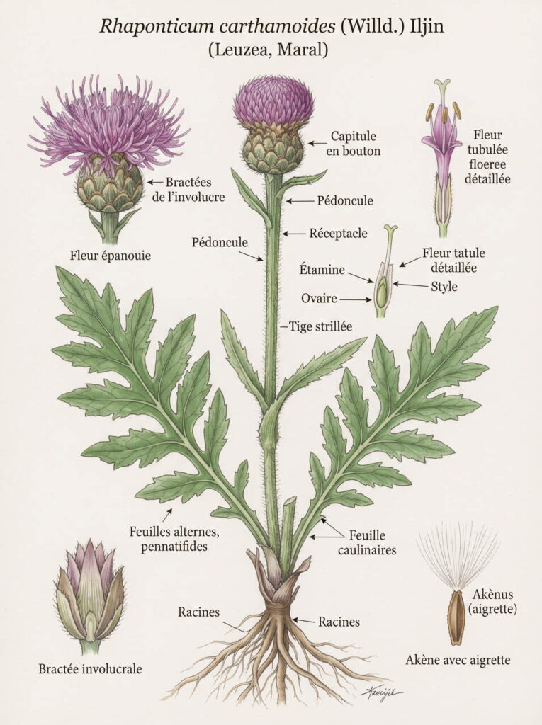 Illustration botanique de rhaponticum carthamoides Détails biologiques de rhaponticum
