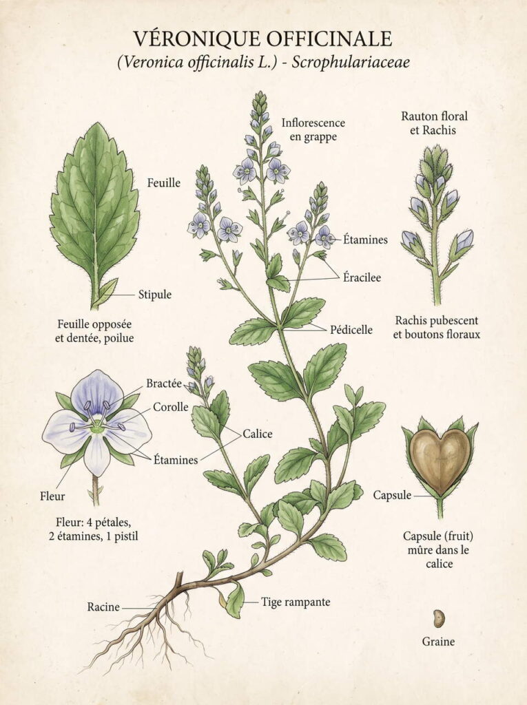 Illustration botanique de la véronique Détails de la véronique officinale