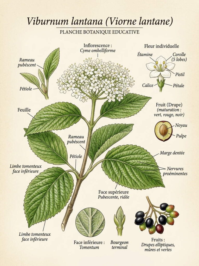 Illustration botanique du viburnum lantana Caractéristiques du viburnum lantana