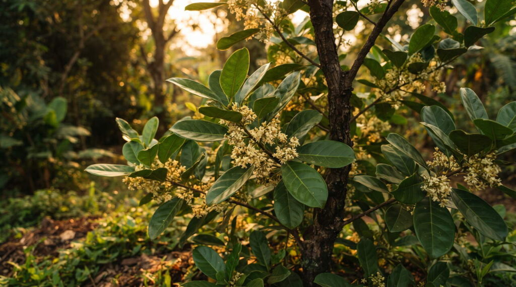 Vision naturelle de Pausinystalia johimbe Fleurs et feuilles de Pausinystalia johimbe
